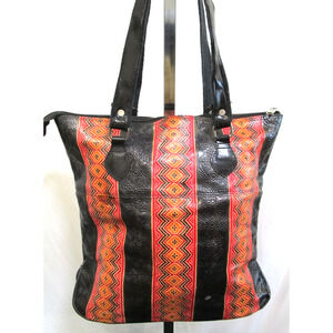 Large Artisan Made In India Multicolor Embossed Leather Shoulder Tote Handbag